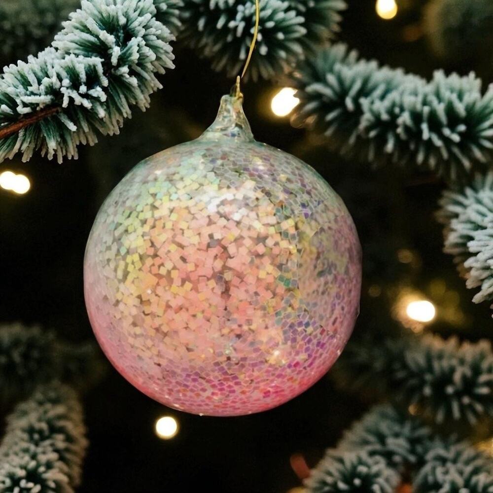 Blown Glass Blue & Pink Reverse Glitter Christmas Tree‎ Ornament 3.5 in NEW